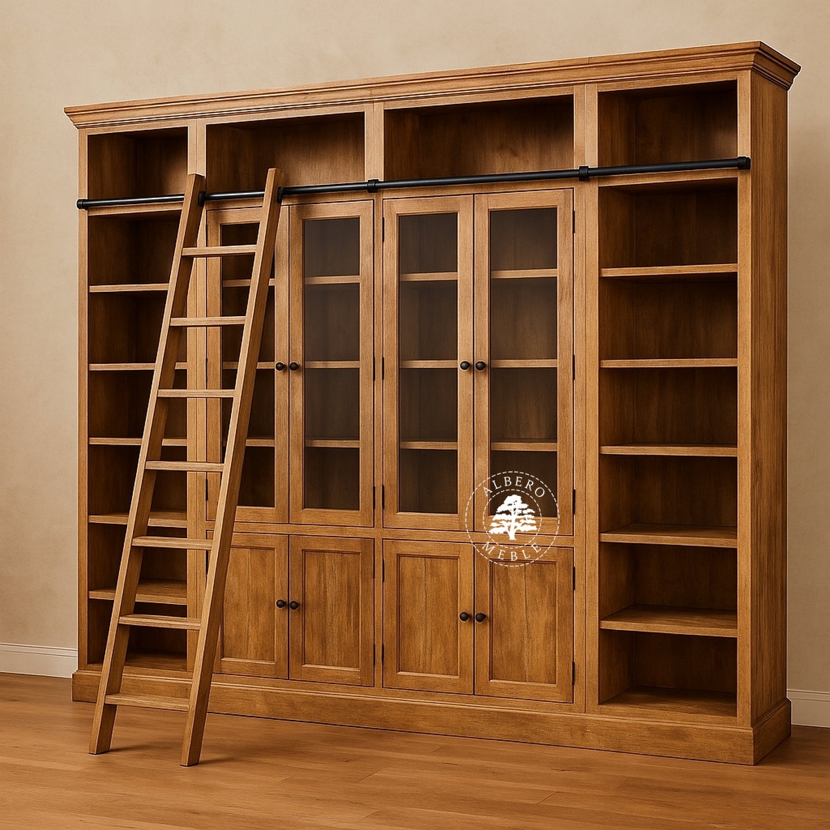 Duża przeszklona biblioteka drewniana z drabinką