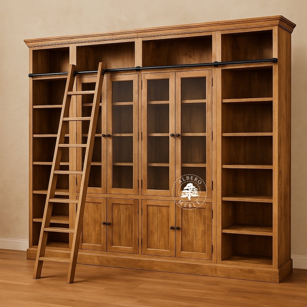Duża przeszklona biblioteka drewniana z drabinką
