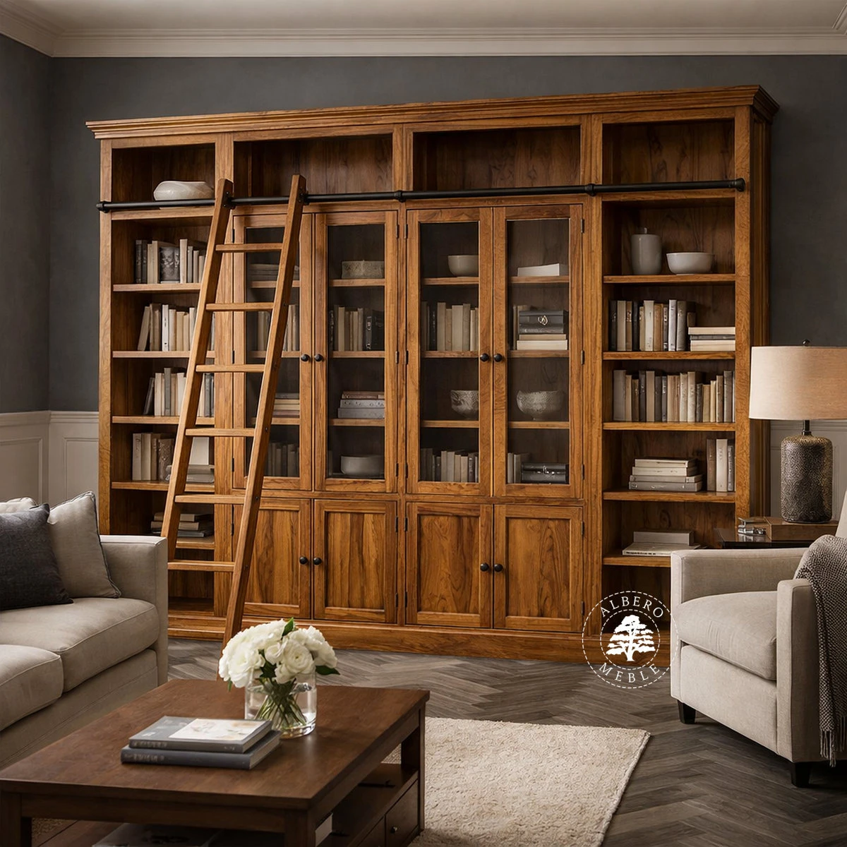 Klasyczna biblioteka gabinetowa z litego drewna