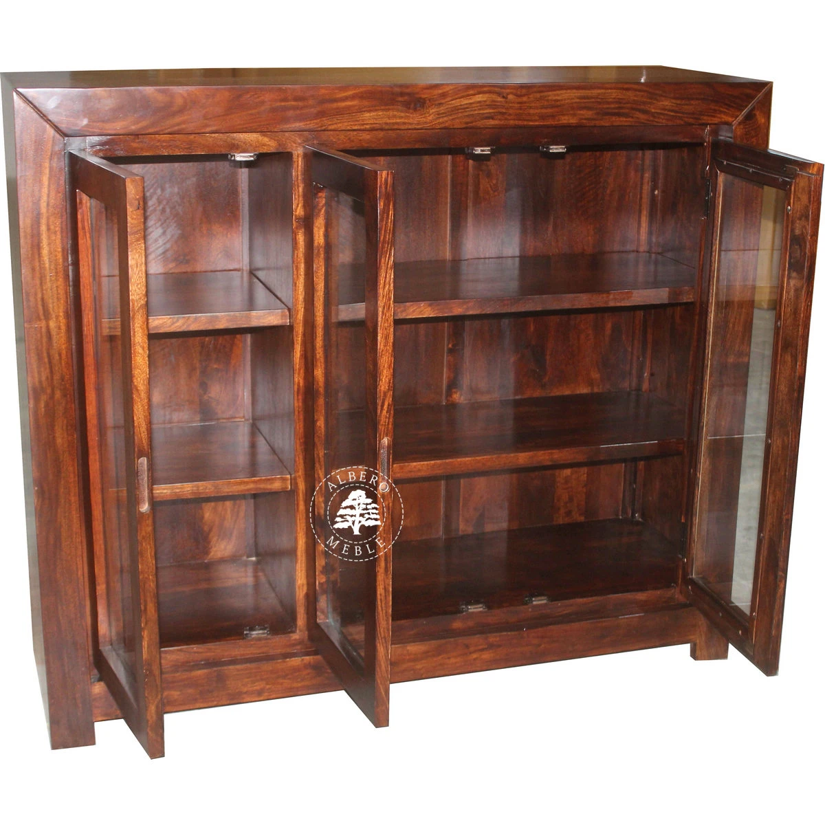 Trzydrzwiowa witryna drewniana z szklanymi drzwiami