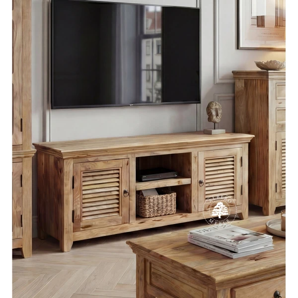 Szafka na RTV z żaluzjowymi drzwiami z jasnego drewna