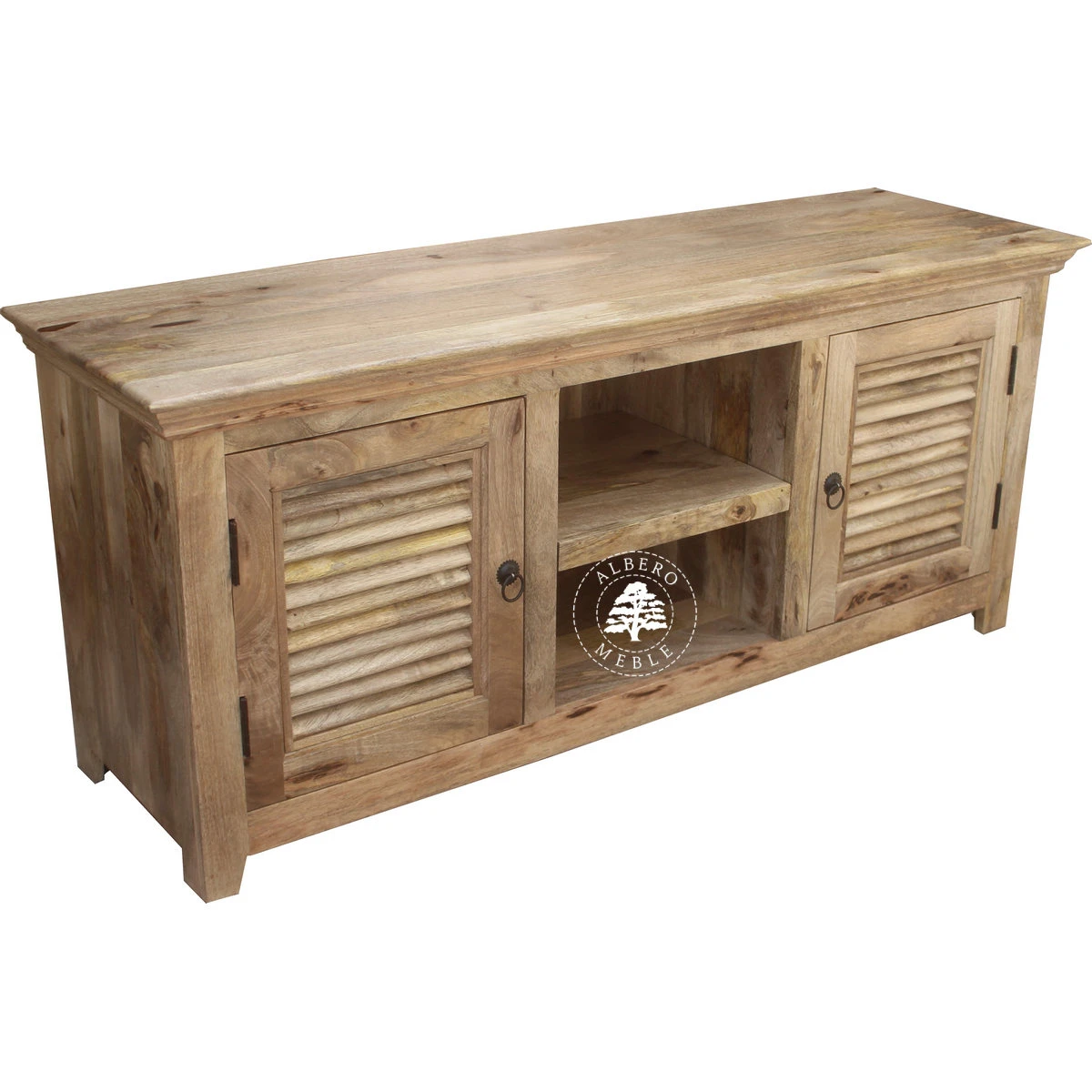 Szafka na RTV z żaluzjowymi drzwiami z jasnego drewna