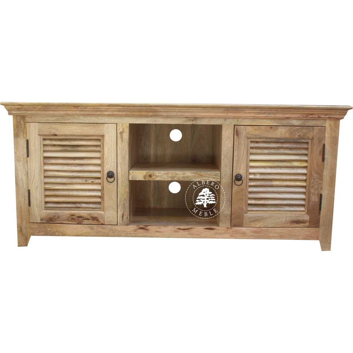 Szafka na RTV z żaluzjowymi drzwiami z jasnego drewna