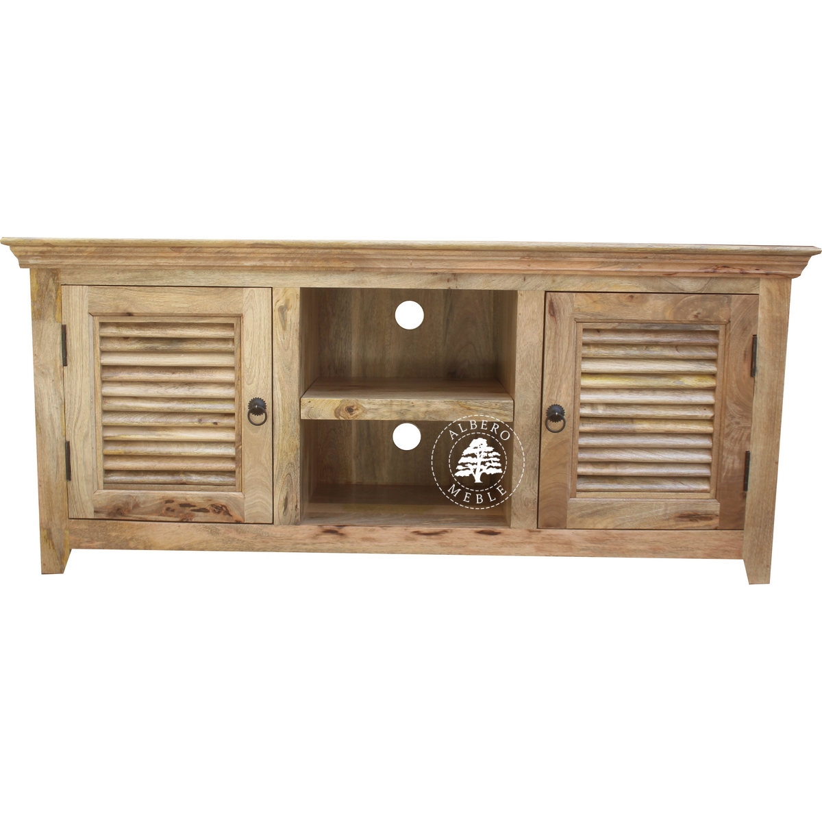 Szafka na RTV z żaluzjowymi drzwiami z jasnego drewna