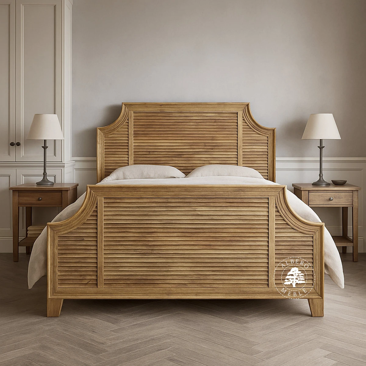 Drewniane Łóżko OSLO w Naturalnym Kolorze z Żaluzjowym W