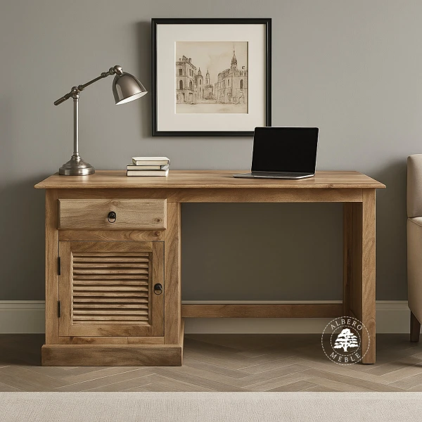 Klasyczne biurko z jasnego drewna mango z żaluzjowymi drzwi