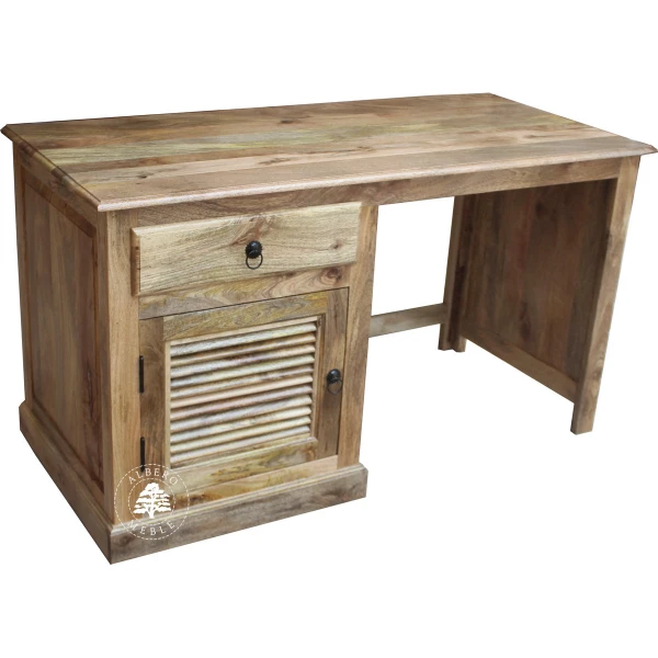 Klasyczne biurko z jasnego drewna mango z żaluzjowymi drzwi