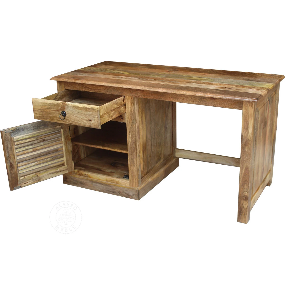 Klasyczne biurko z jasnego drewna mango z żaluzjowymi drzwi