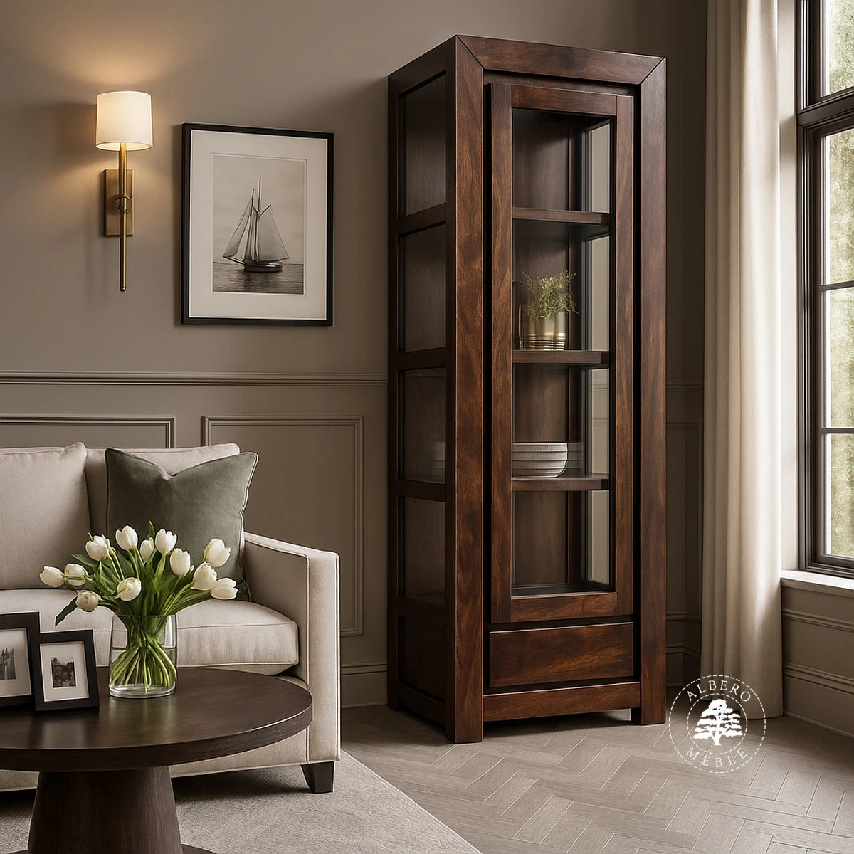 Pojedyncza drewniana witryna Goa przeszklona z trzech stron