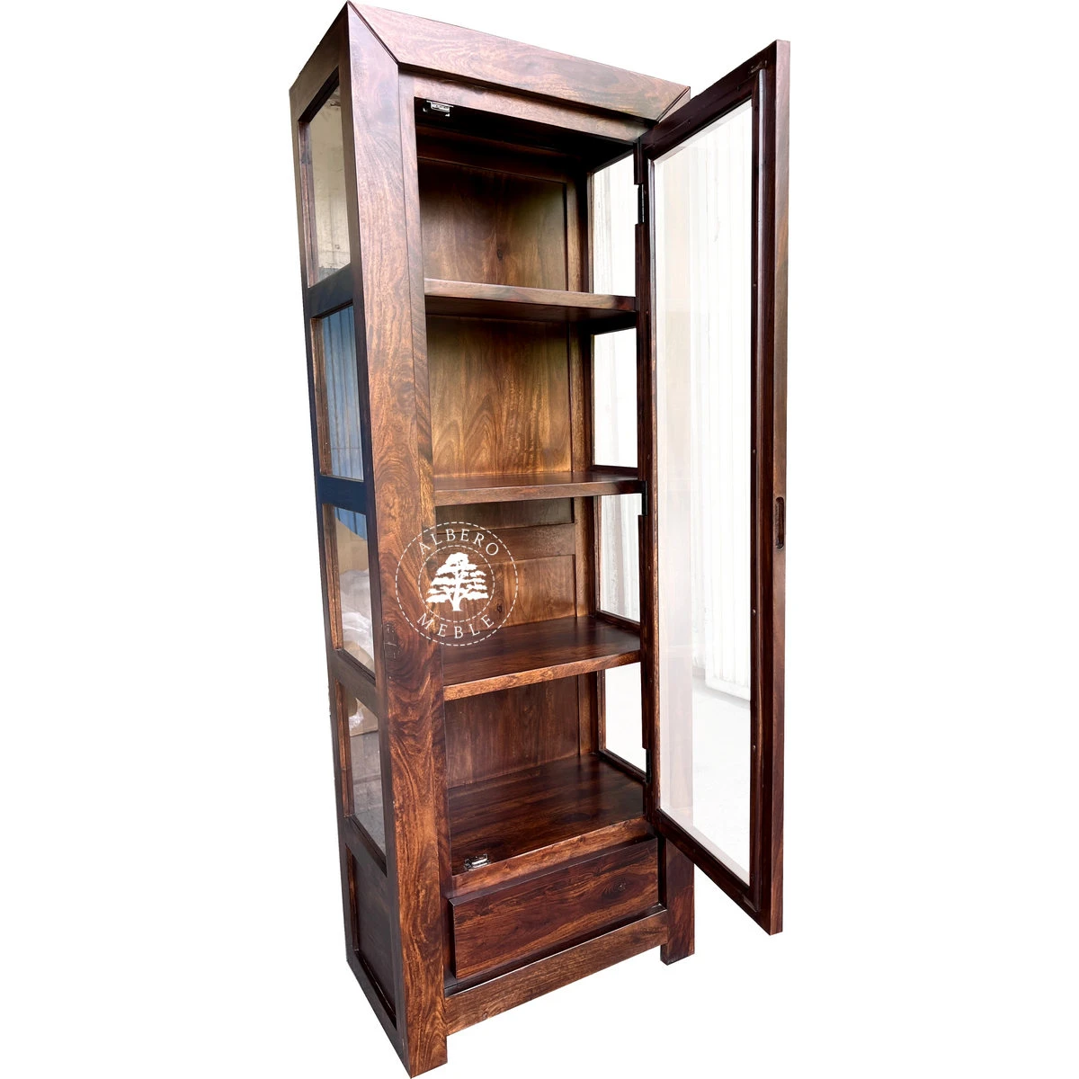 Pojedyncza drewniana witryna Goa przeszklona z trzech stron
