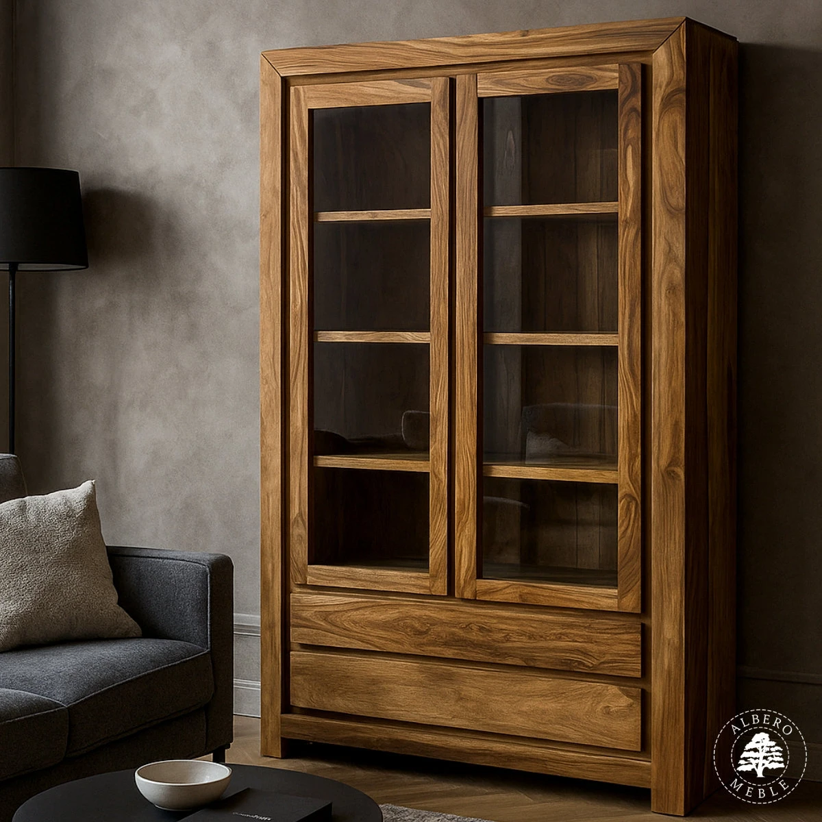 Duża witryna Goa z nowoczesnymi szufladami z drewna palisan