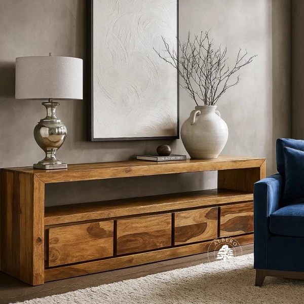 Drewniana komoda telewizyjna na wymiar z otwartym tyłem