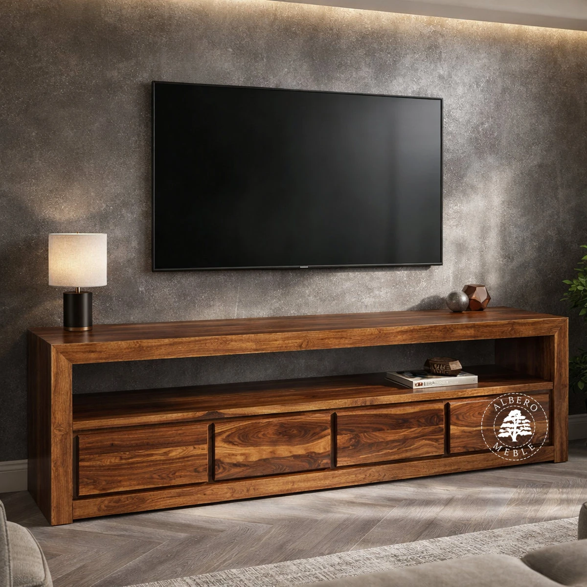 Drewniana komoda telewizyjna na wymiar z otwartym tyłem