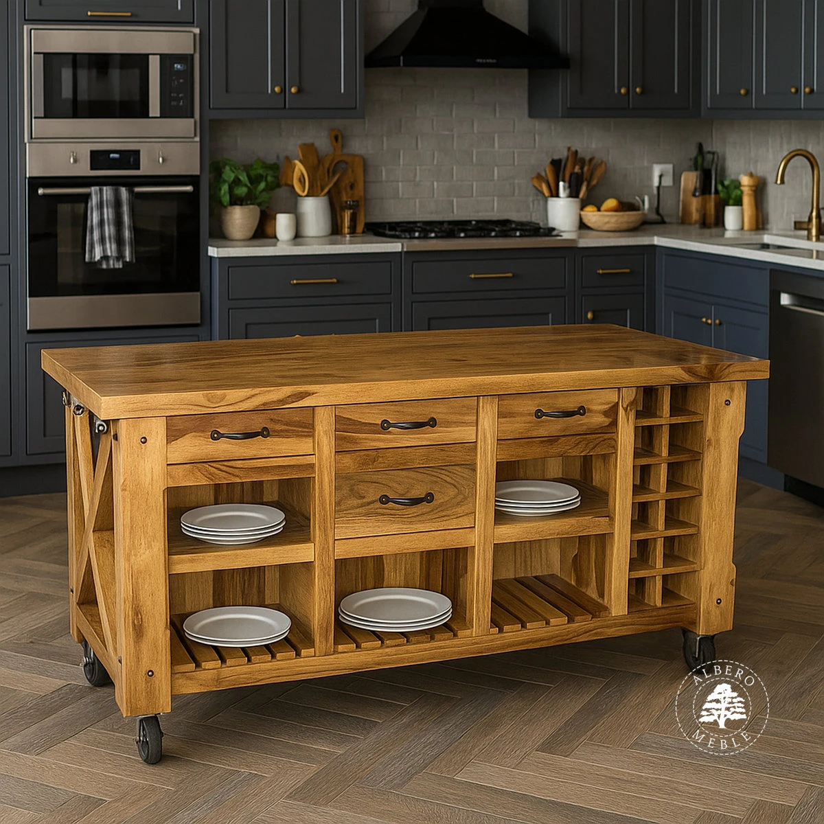 Wielofunkcyjna wyspa kuchenna z drewna naturalnego