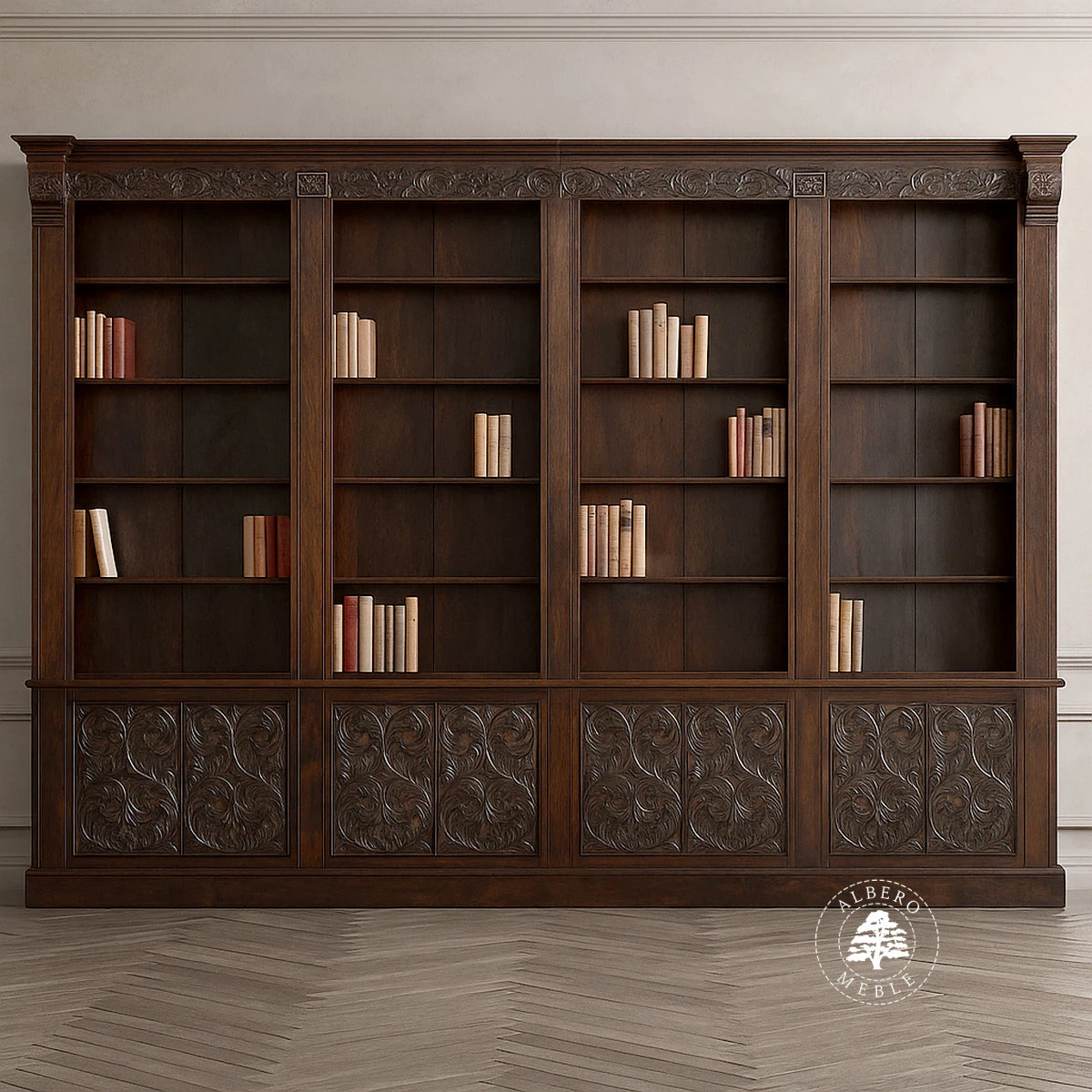 Stylizowana Biblioteka z Drewna z Ręcznie Rzeźbionymi Elem