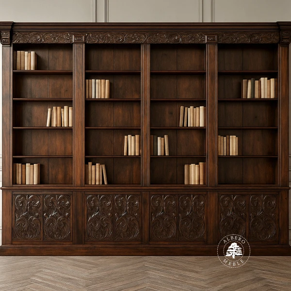 Stylizowana Biblioteka z Drewna z Ręcznie Rzeźbionymi Elem