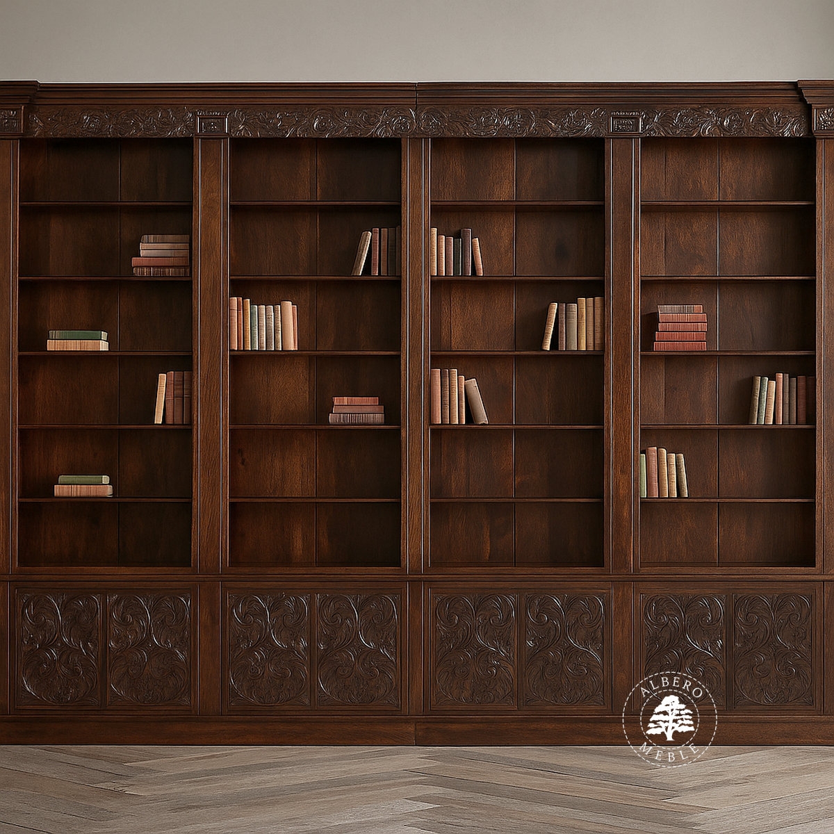 Stylizowana Biblioteka z Drewna z Ręcznie Rzeźbionymi Elem