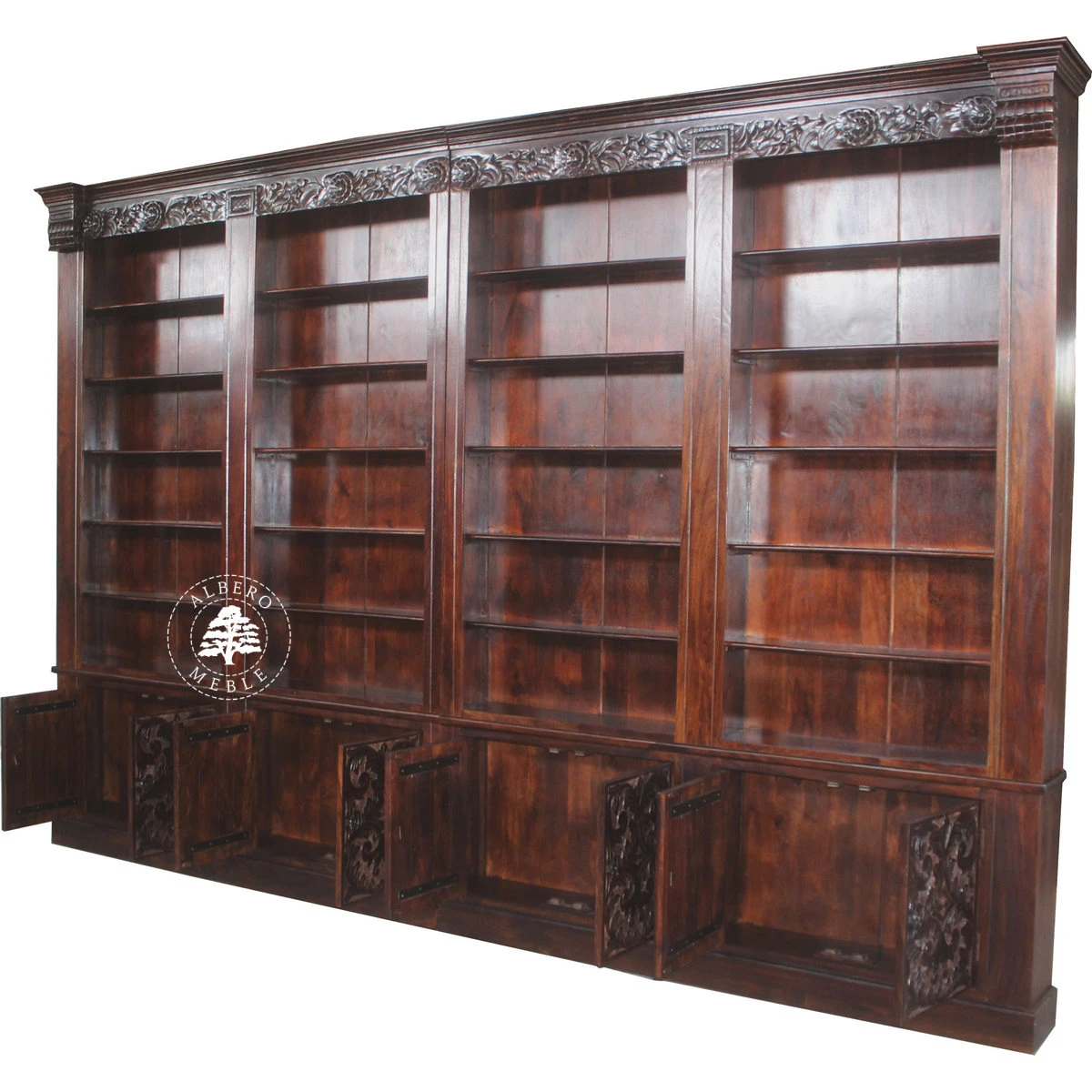 Stylizowana Biblioteka z Drewna z Ręcznie Rzeźbionymi Elem