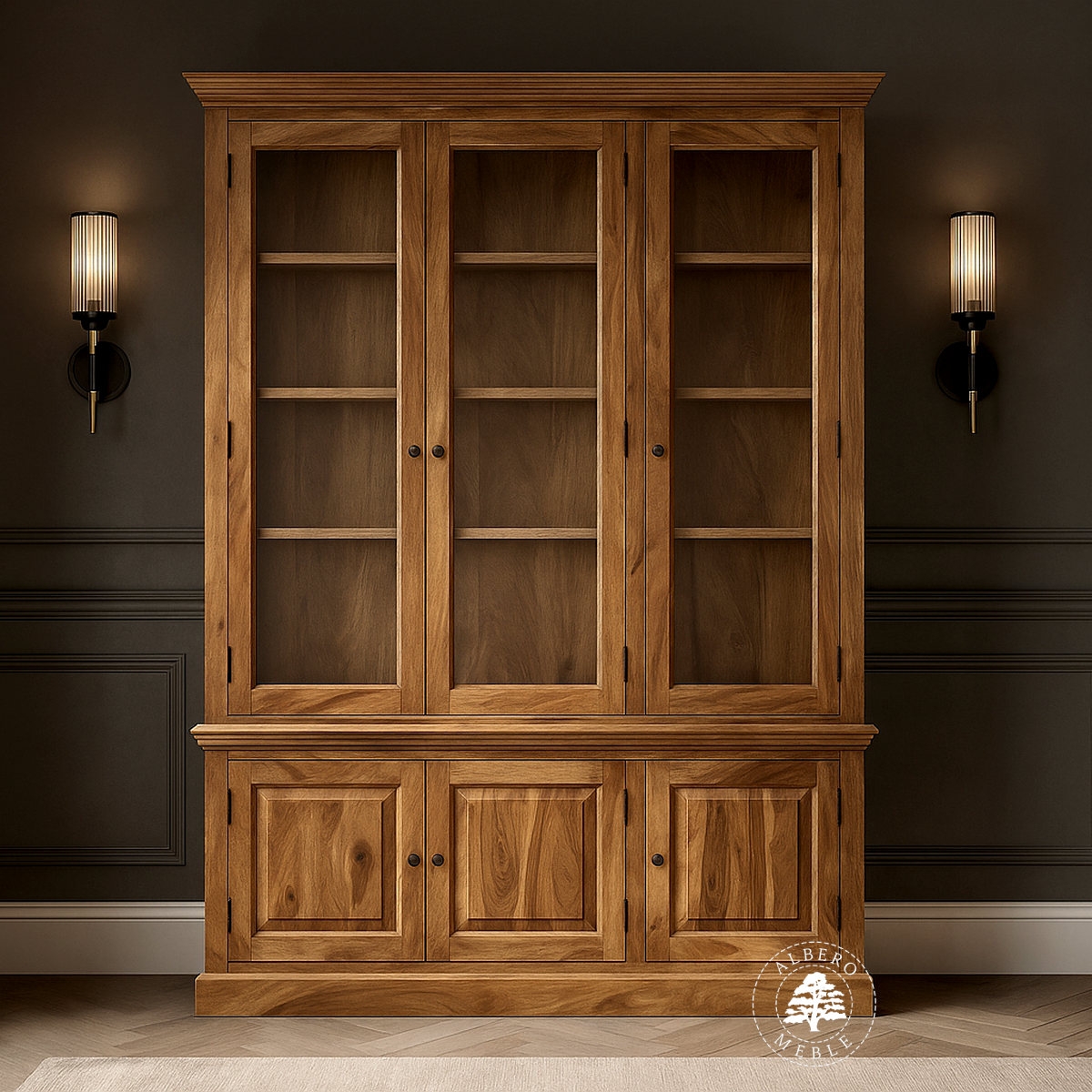 Przeszklona biblioteka z litego drewna do salonu