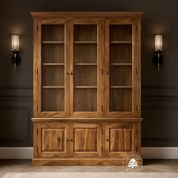 Przeszklona biblioteka z litego drewna do salonu