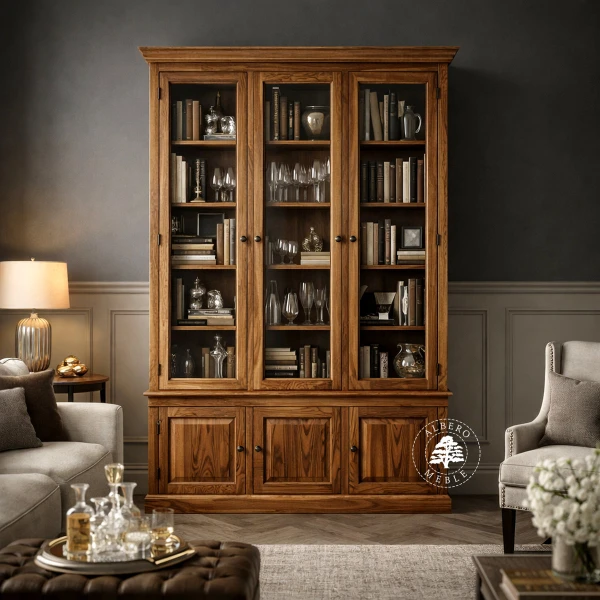 Przeszklona biblioteka z litego drewna do salonu