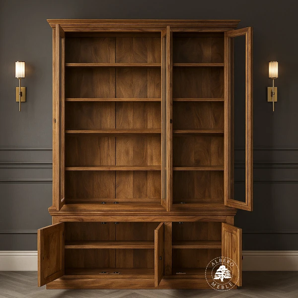 Przeszklona biblioteka z litego drewna do salonu