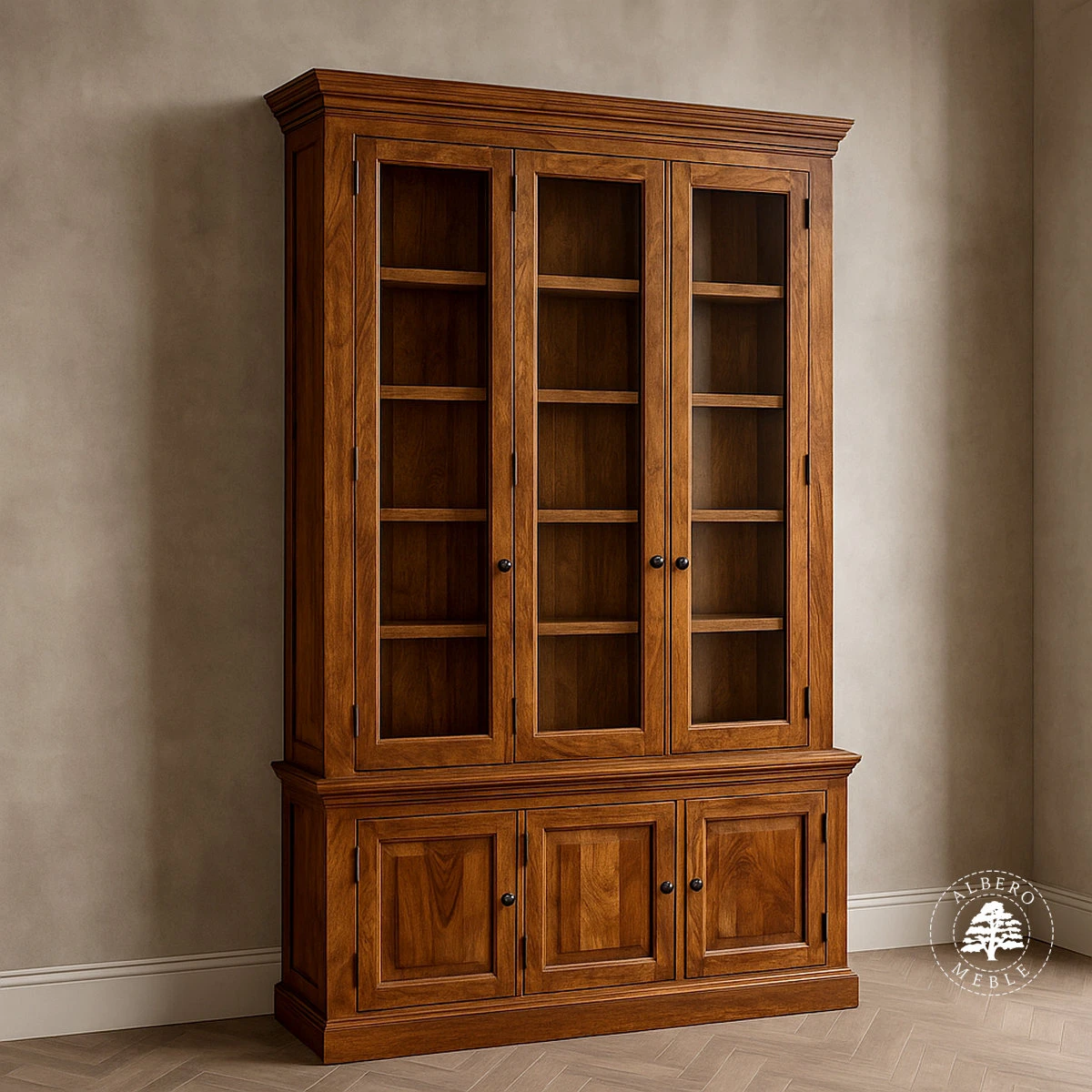 Przeszklona biblioteka z litego drewna do salonu