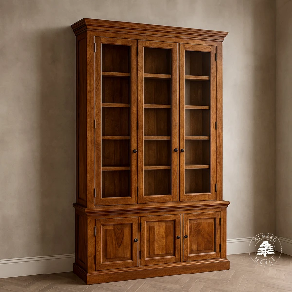 Przeszklona biblioteka z litego drewna do salonu