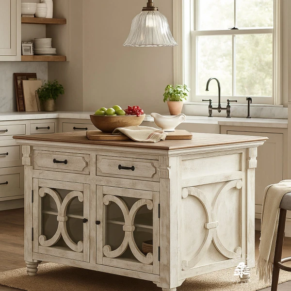 Drewniana Wyspa Kuchenna Przecierana na Biało