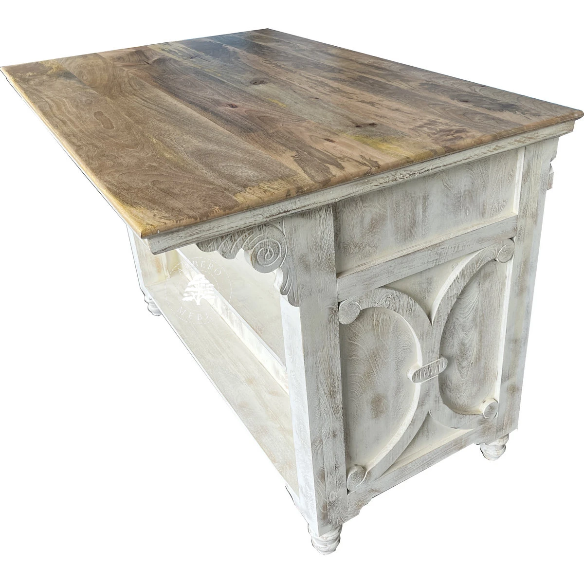 Drewniana Wyspa Kuchenna Przecierana na Biało