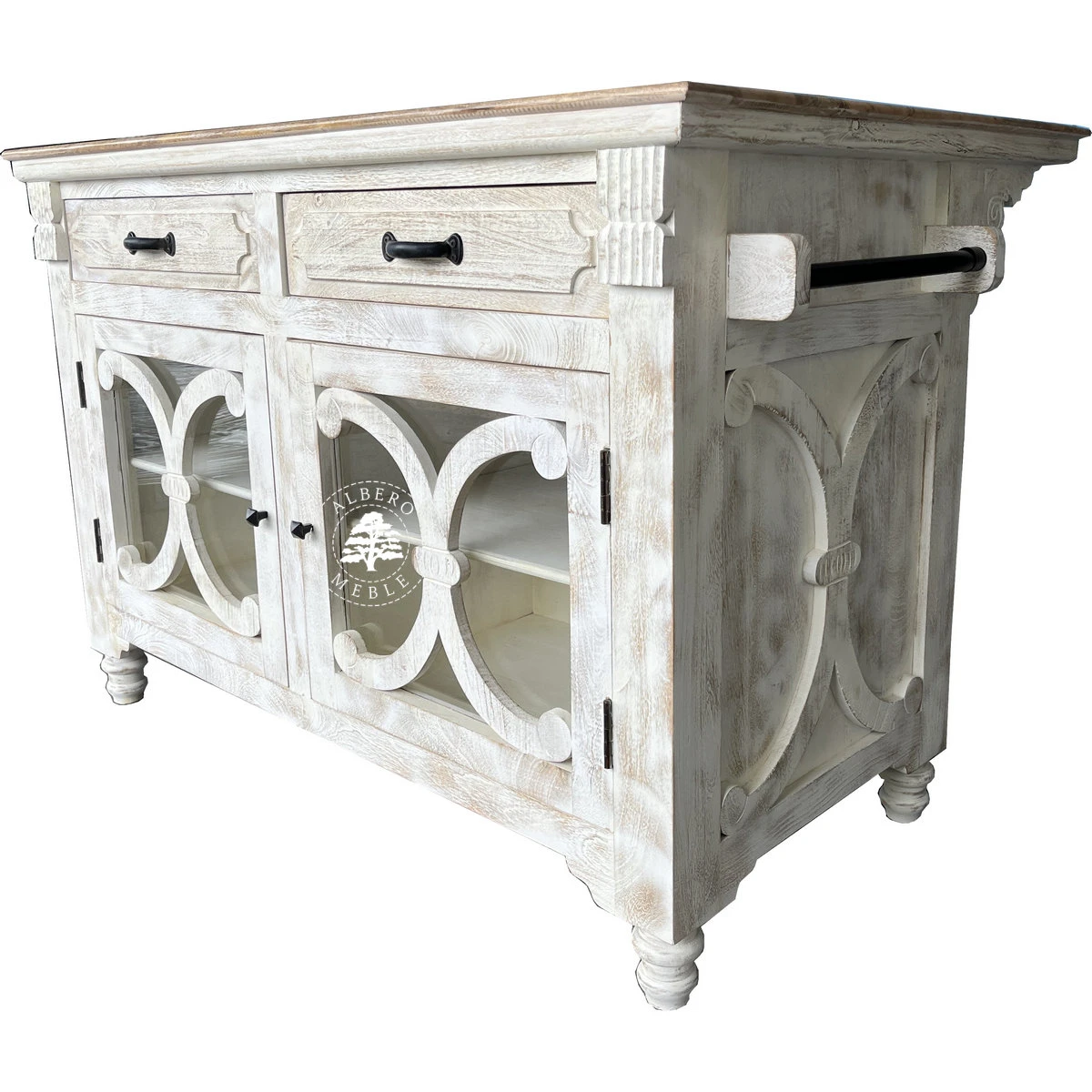 Drewniana Wyspa Kuchenna Przecierana na Biało