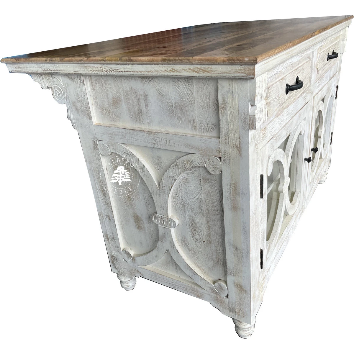 Drewniana Wyspa Kuchenna Przecierana na Biało