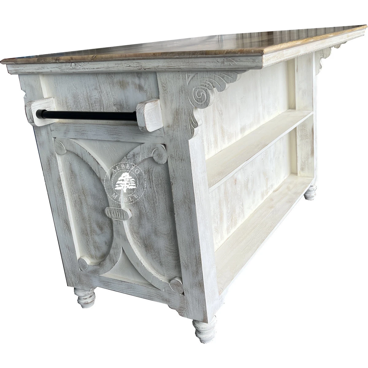 Drewniana Wyspa Kuchenna Przecierana na Biało