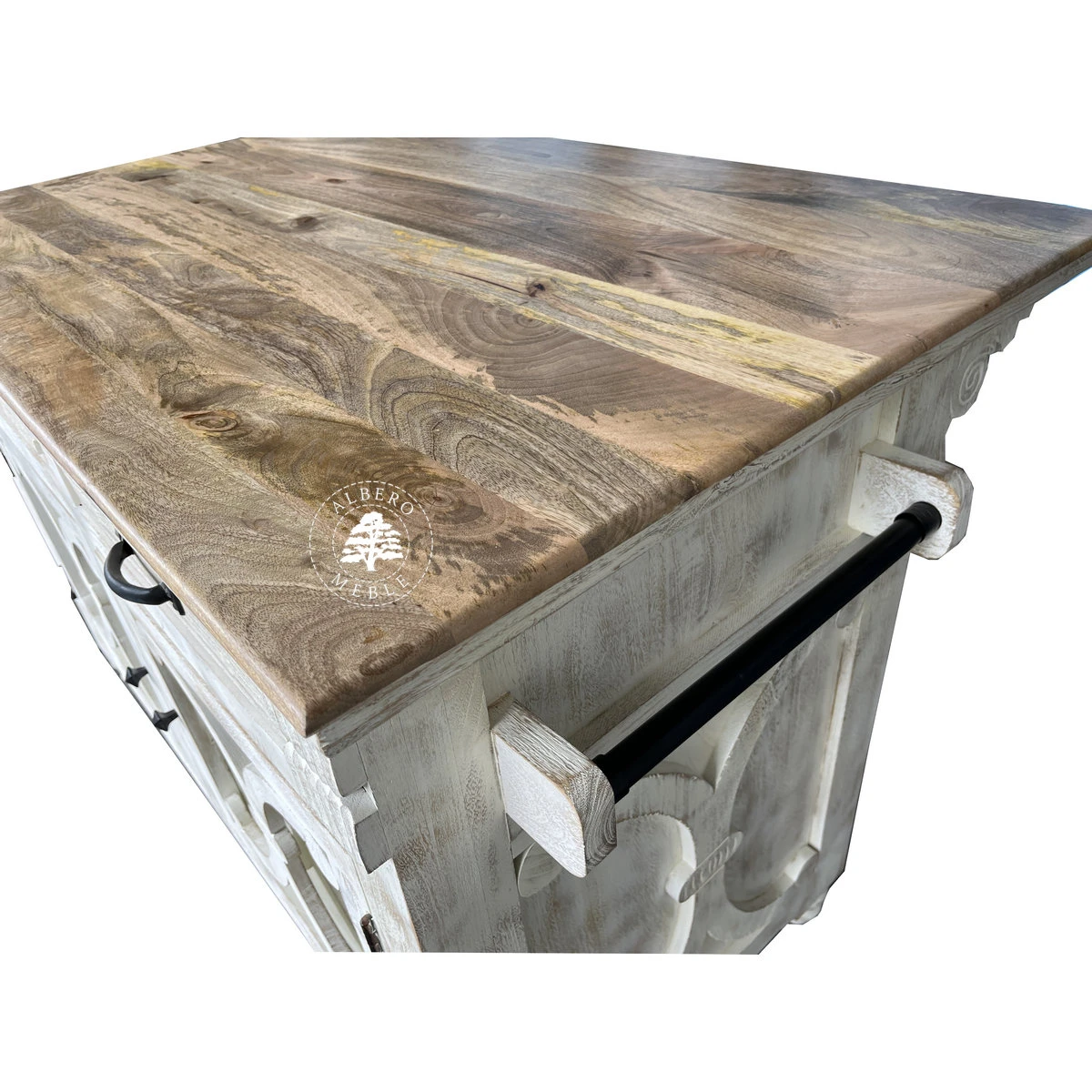 Drewniana Wyspa Kuchenna Przecierana na Biało