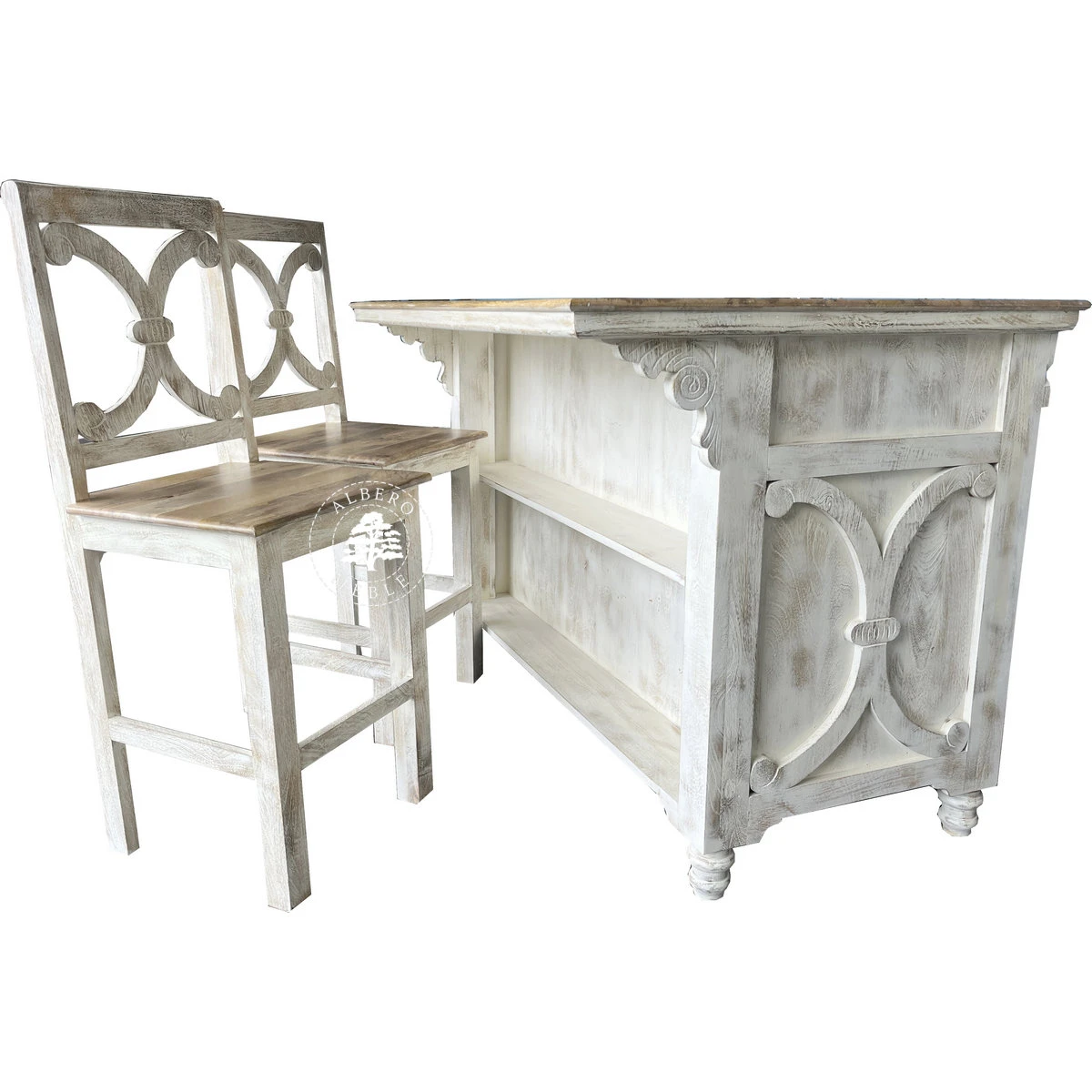 Drewniana Wyspa Kuchenna Przecierana na Biało