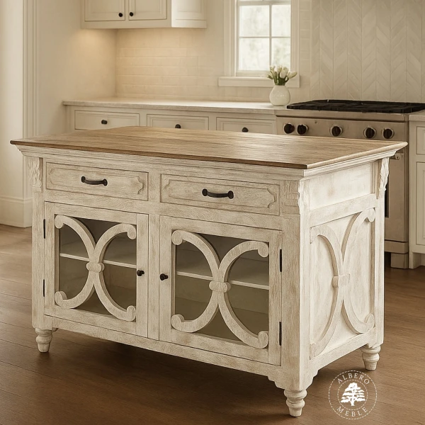 Drewniana Wyspa Kuchenna Przecierana na Biało