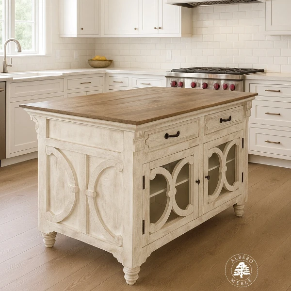 Drewniana Wyspa Kuchenna Przecierana na Biało