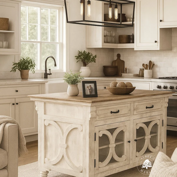 Drewniana Wyspa Kuchenna Przecierana na Biało