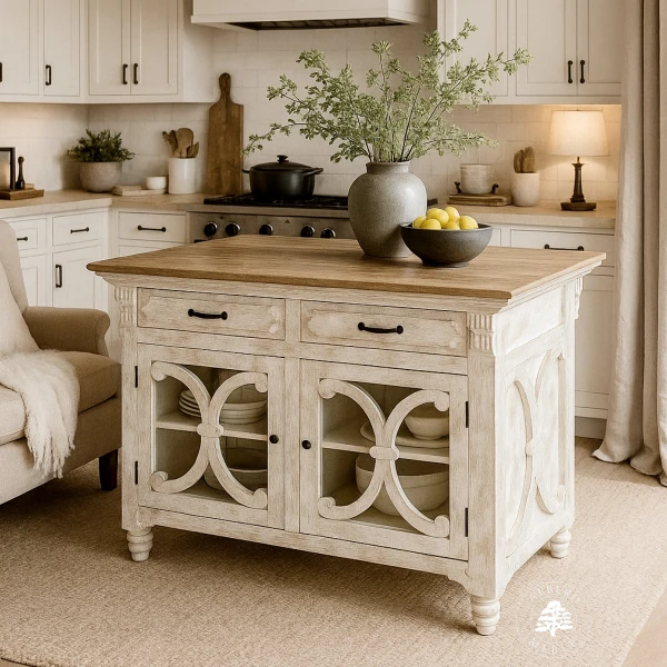 Drewniana Wyspa Kuchenna Przecierana na Biało