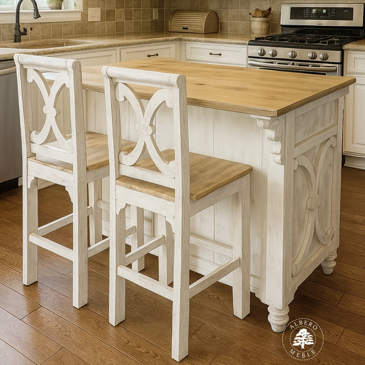 Drewniana Wyspa Kuchenna Przecierana na Biało