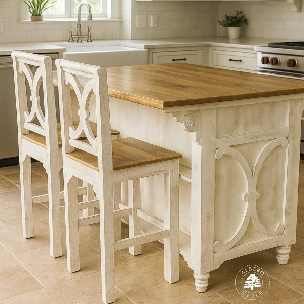 Drewniana Wyspa Kuchenna Przecierana na Biało