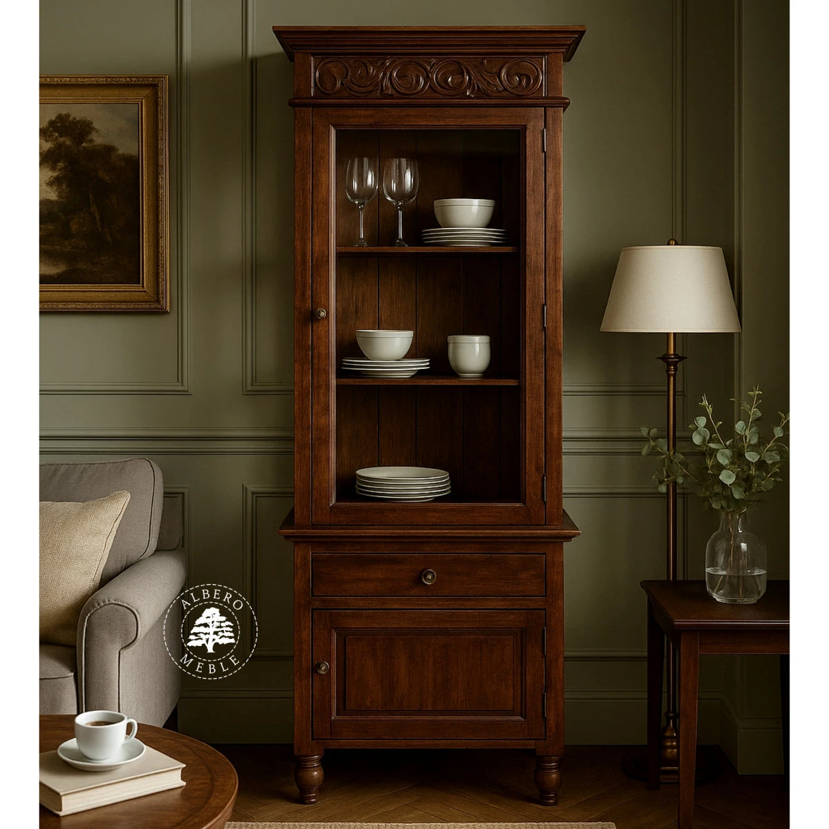 Witryna Drewniana Ręcznie Rzeźbiona na Nóżkach