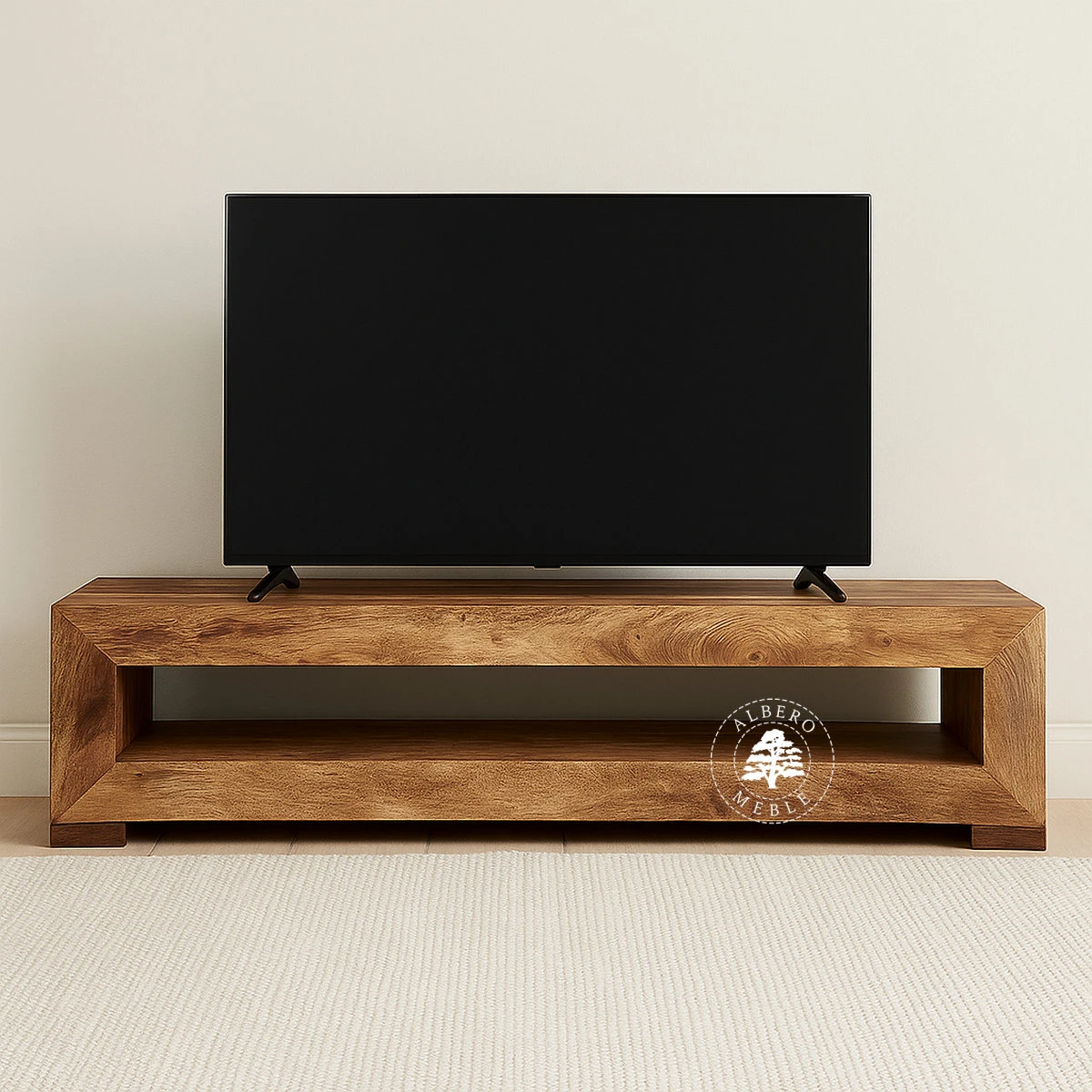 Niska półka pod tv wykonana z litego drewna