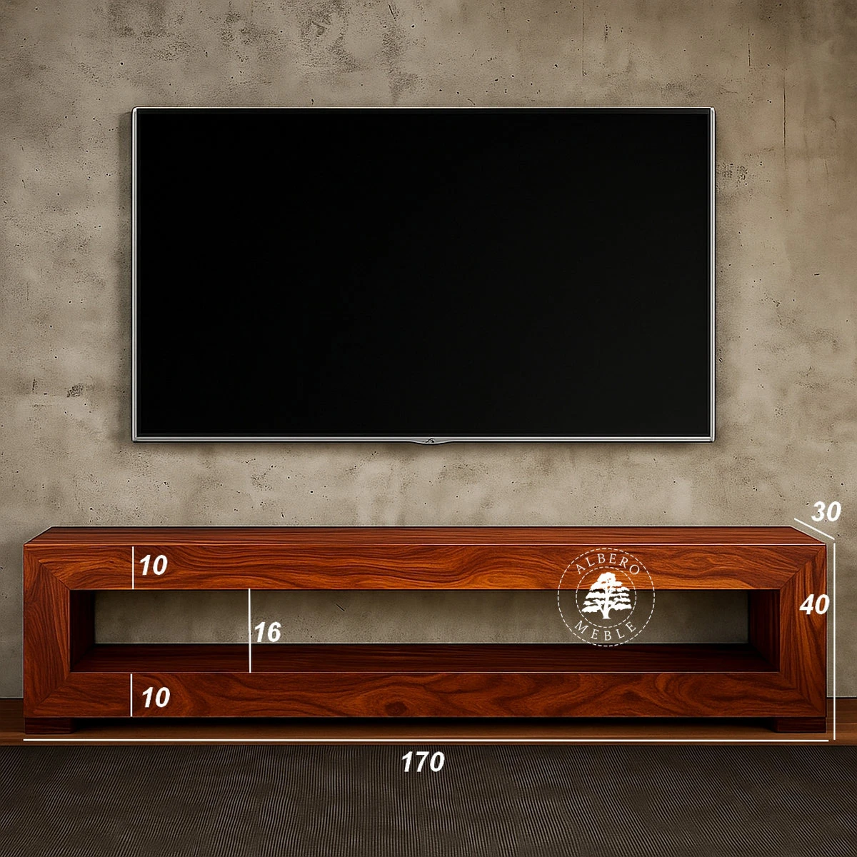 Niska półka pod tv wykonana z litego drewna