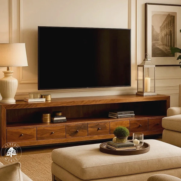 Długa komoda drewniana RTV z szufladami wykonana na wymiar