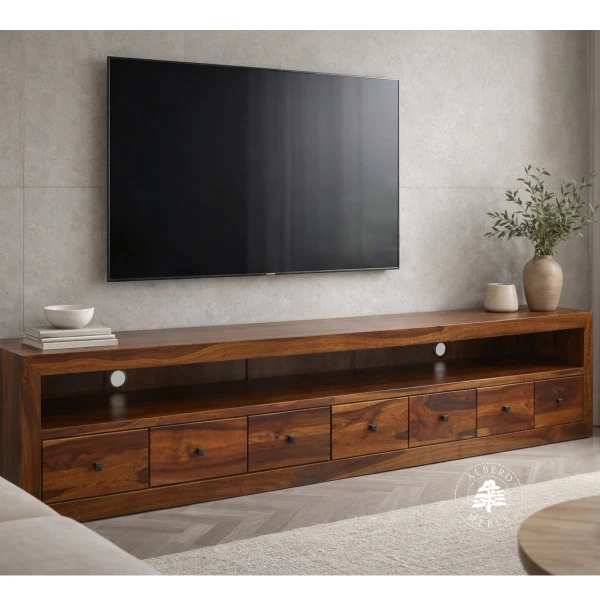 Długa komoda drewniana RTV z szufladami wykonana na wymiar