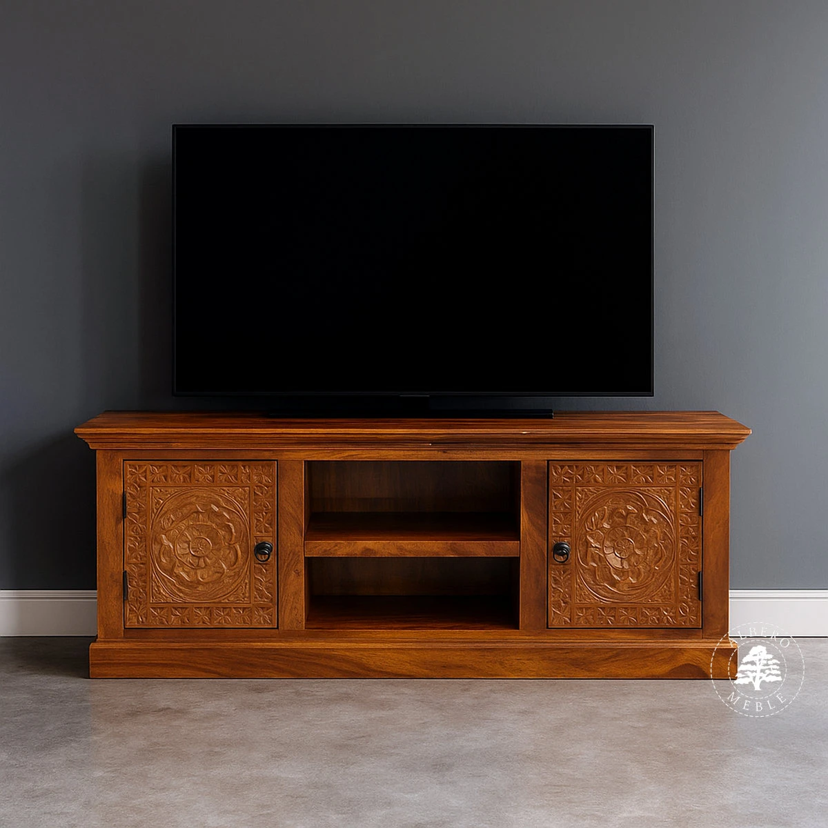 Komoda drewniana na RTV ręcznie rzeźbiona