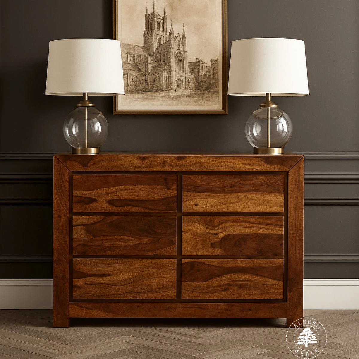Nowoczesna komoda drewniana Goa z sześcioma szufladami