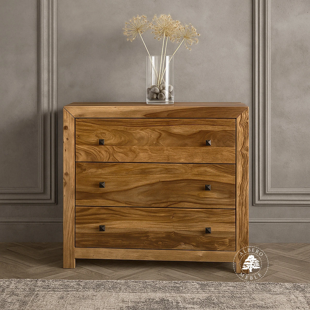 Komoda drewniana modern cube  z trzema pojemnym szufladami