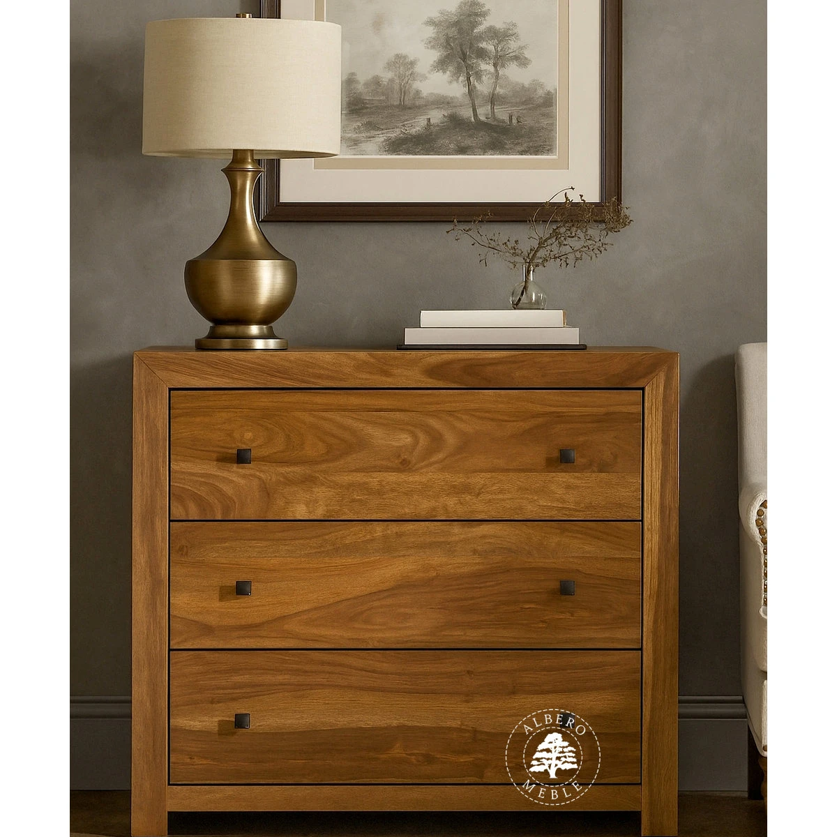 Komoda drewniana modern cube  z trzema pojemnym szufladami